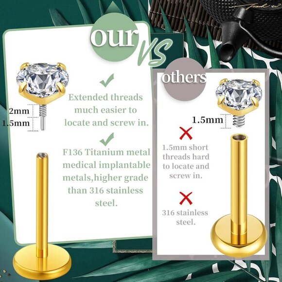 20G 18G 16G Flat Back Earrings Stud Nose Ring Titanium Internal Thread Tragus La - Picture 6 of 6